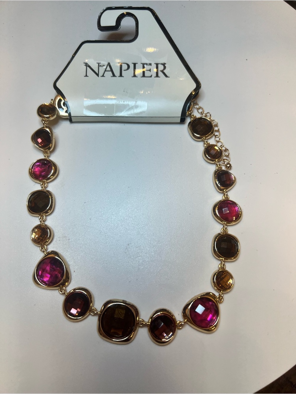 Napier Gold-Tone Necklace with Fuchsia and Brown Stones